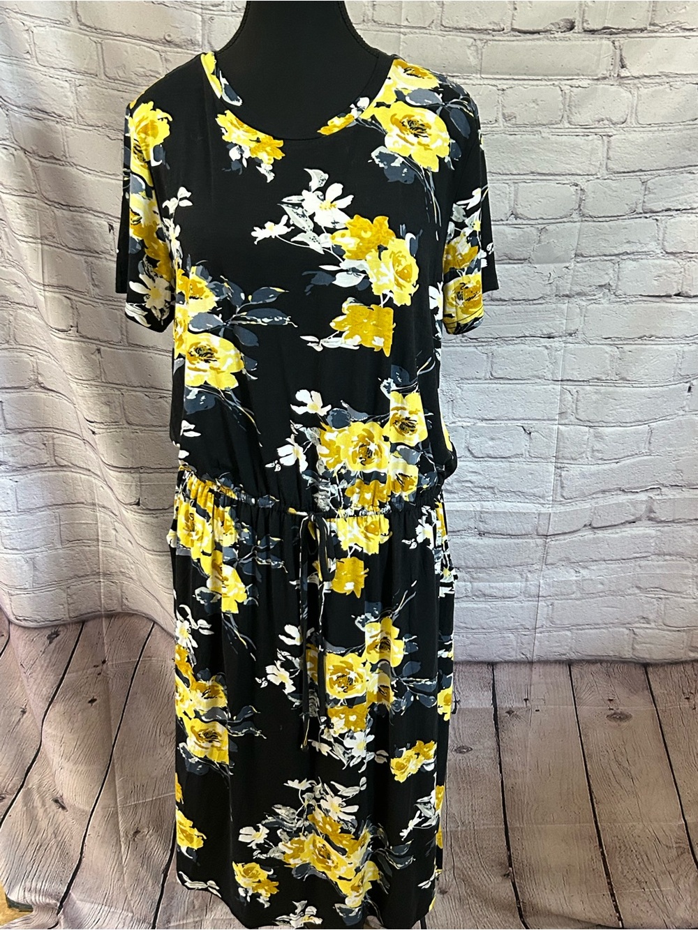 Black Maxi Dress with Yellow Floral Print and Tie Waist